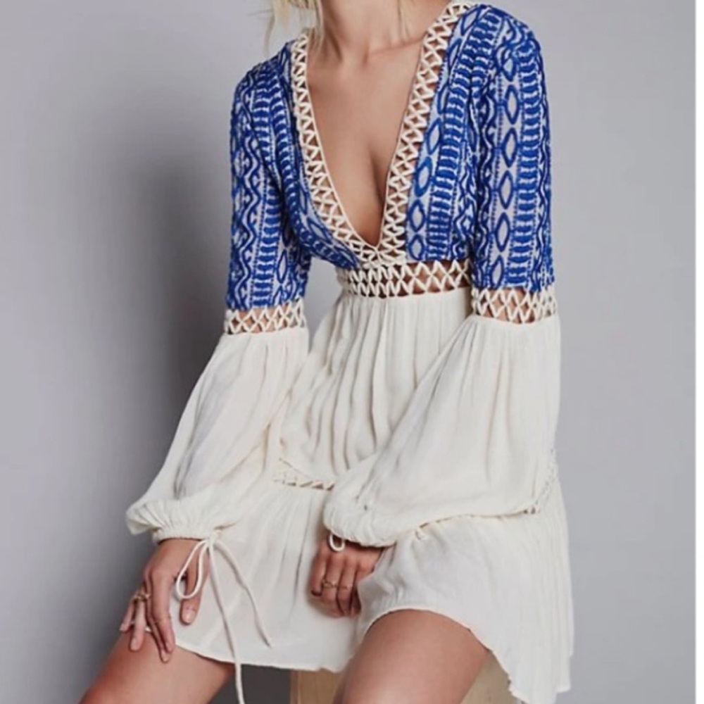 Free People 6 DuskTil Dawn Mini Dress V Neck Boho Open Crochet Embroidered